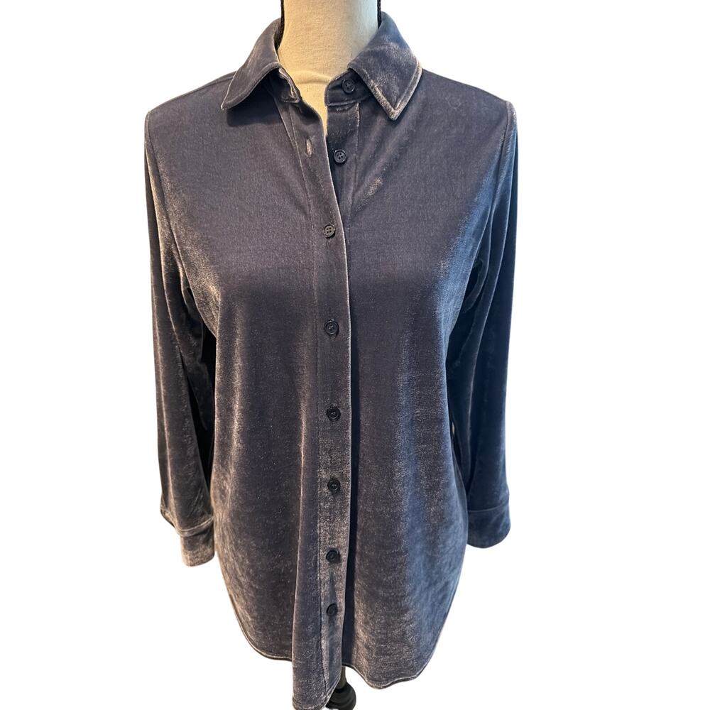 ⭐️ Women’s Soft Surroundings Dusty Blue Velour Button Up Top Size XS Petite Cozy